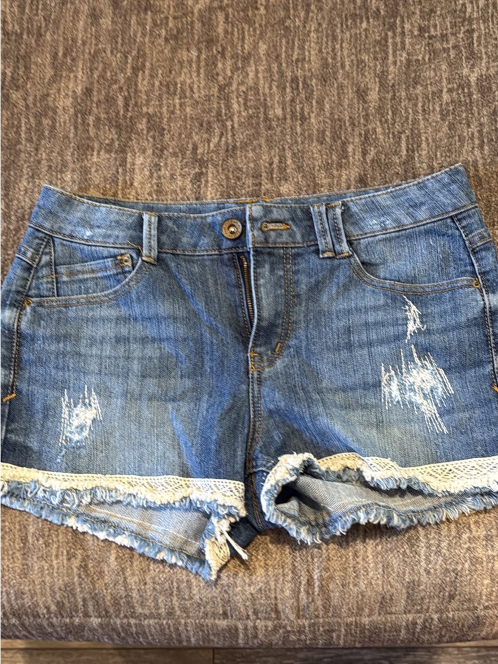 Jolt Blue Distressed Denim Shorts with Lace Trim